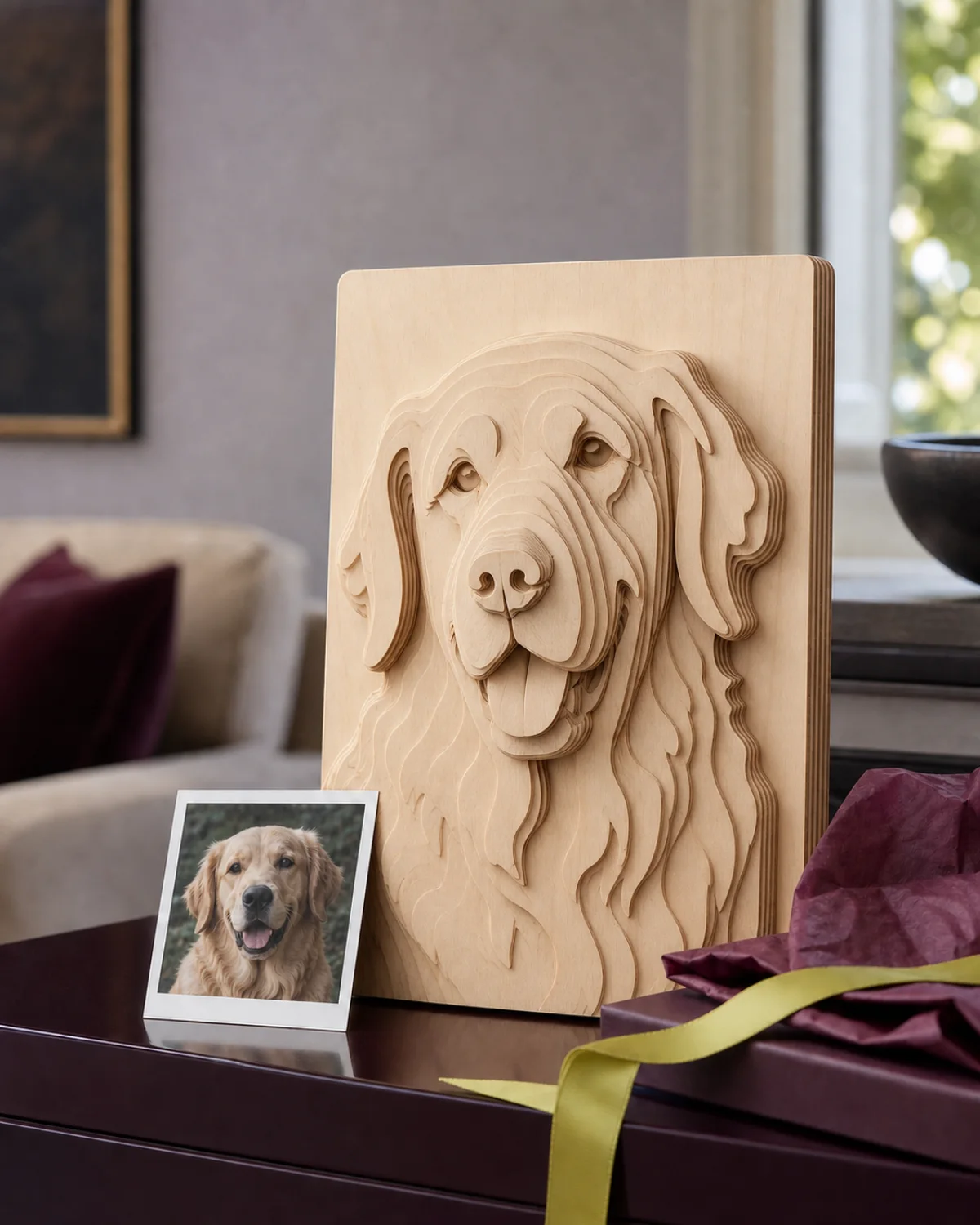 Illustrative product concept showing a golden retriever photo translated into layered birch wood